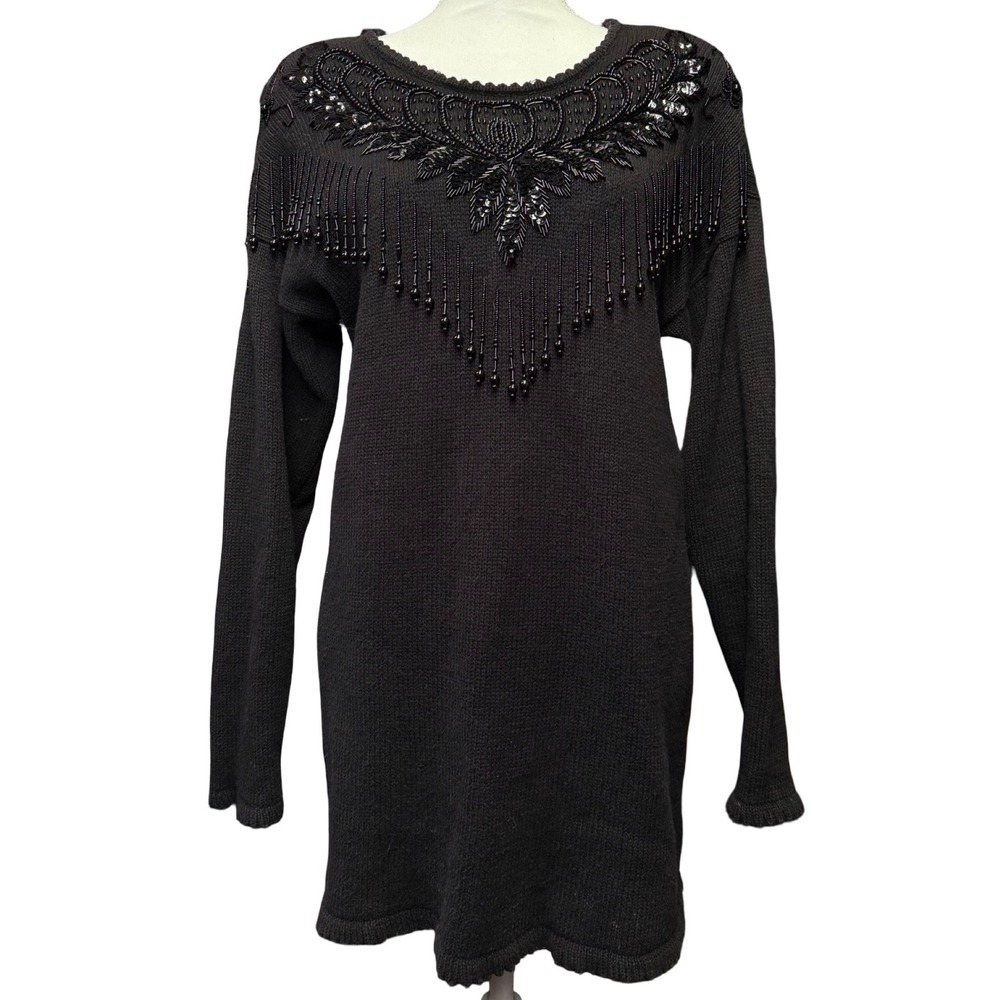 Vintage Kathie Lee Black Beaded Fringe Tunic Sweater XL Ramie Cotton